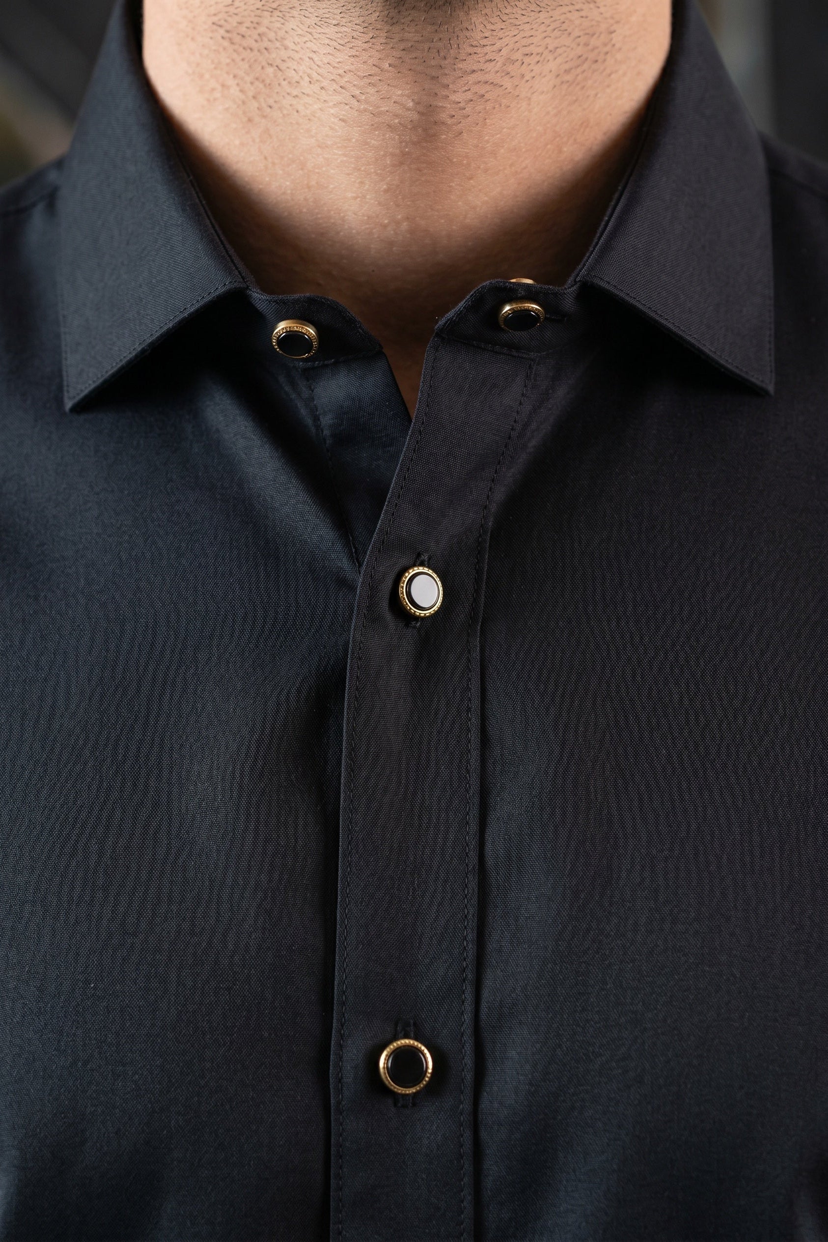 Stitched Cutway collar with golden outline Shalwar Kameez - Black