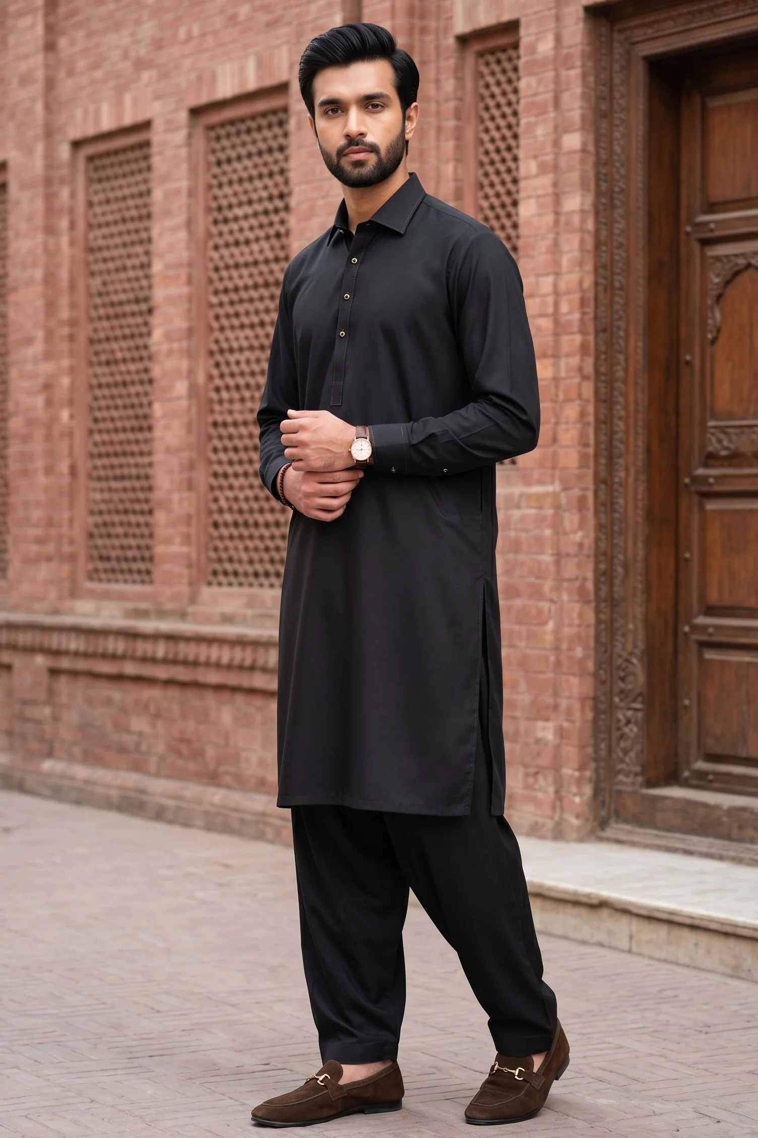 Stitched Cutway collar with golden outline Shalwar Kameez - Black - Image 2