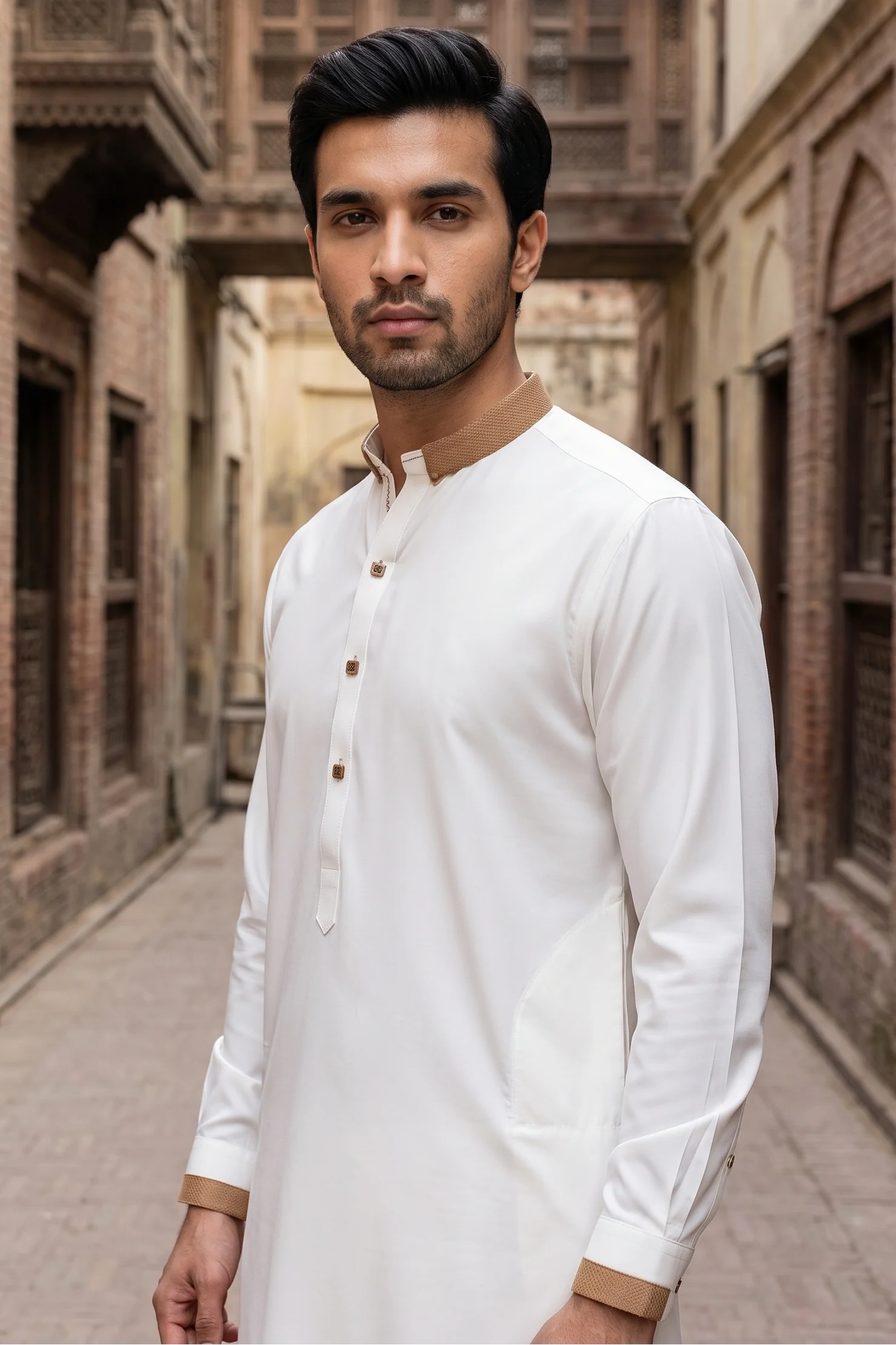 Stitched Jacquard ban Suit with Shalwar -Egg white