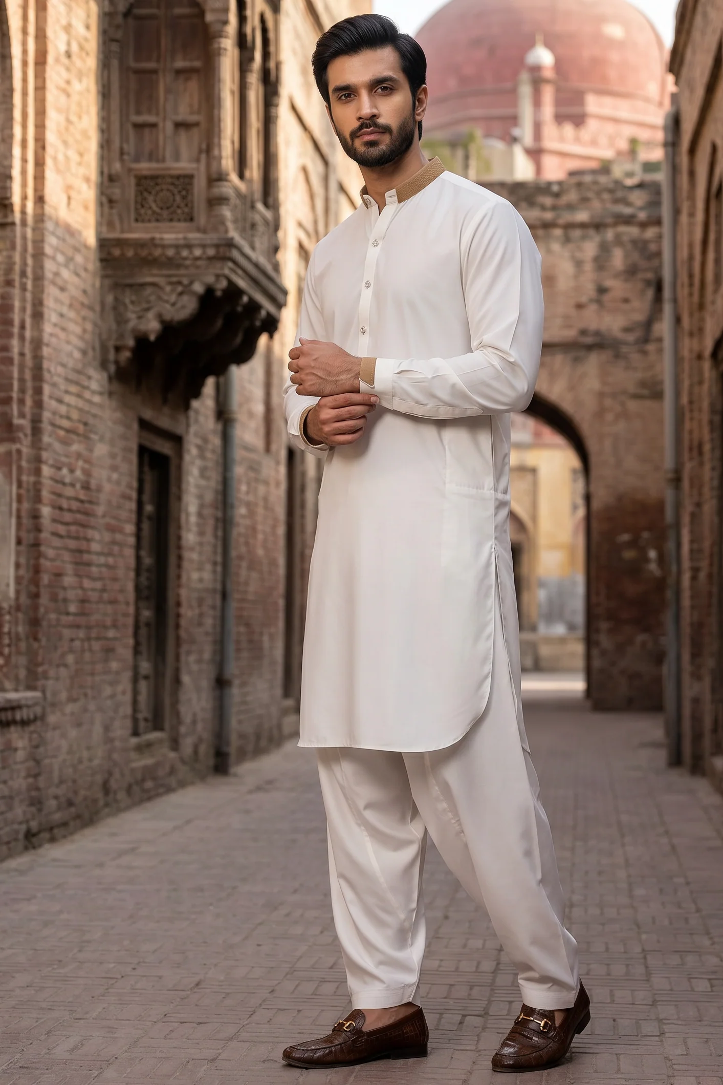 Stitched Jacquard ban Suit with Shalwar -Egg white - Image 2