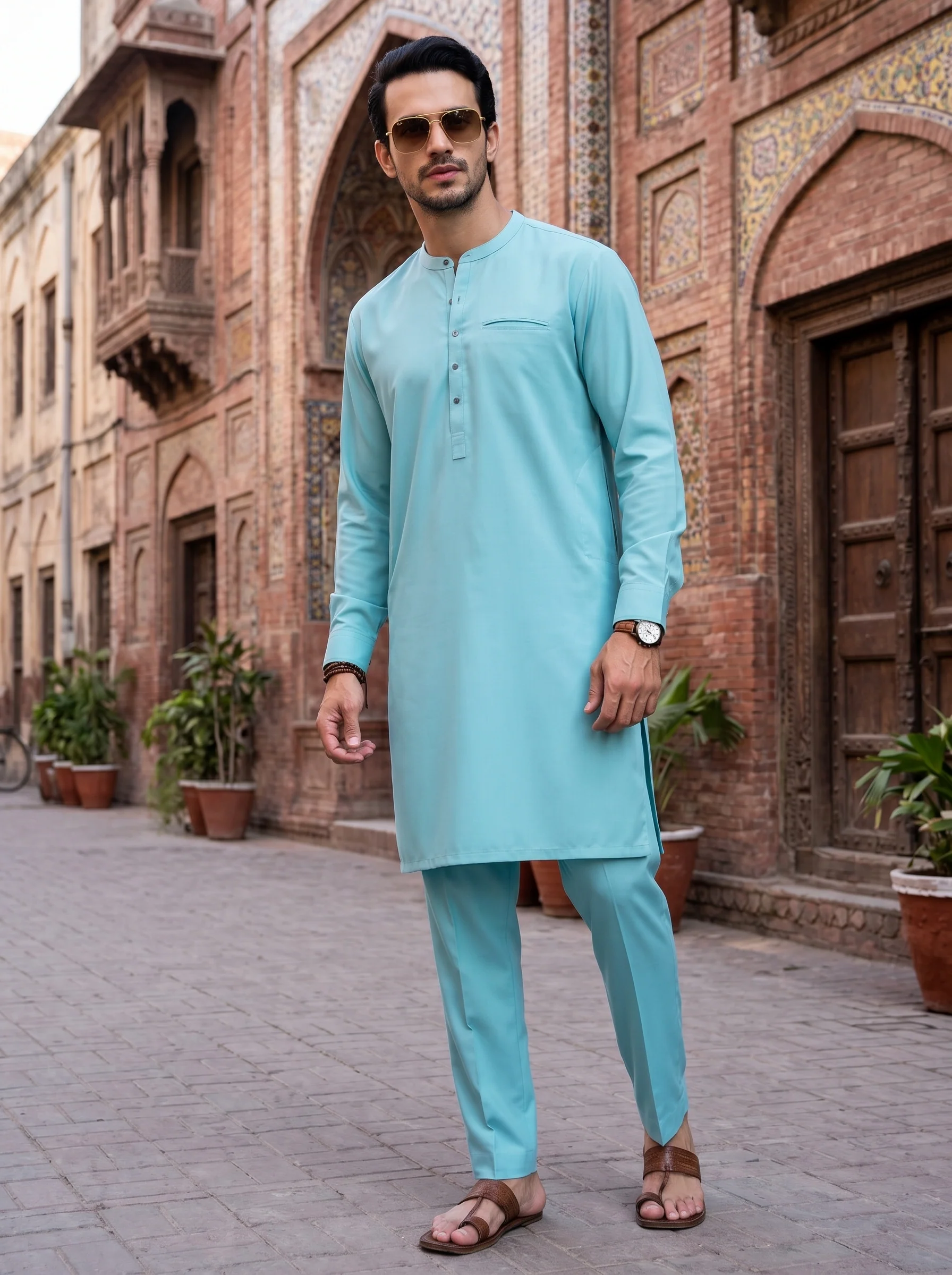 Stitched Kurta trouser with Fshion patti and Pocket-Aqua Blue - Image 2
