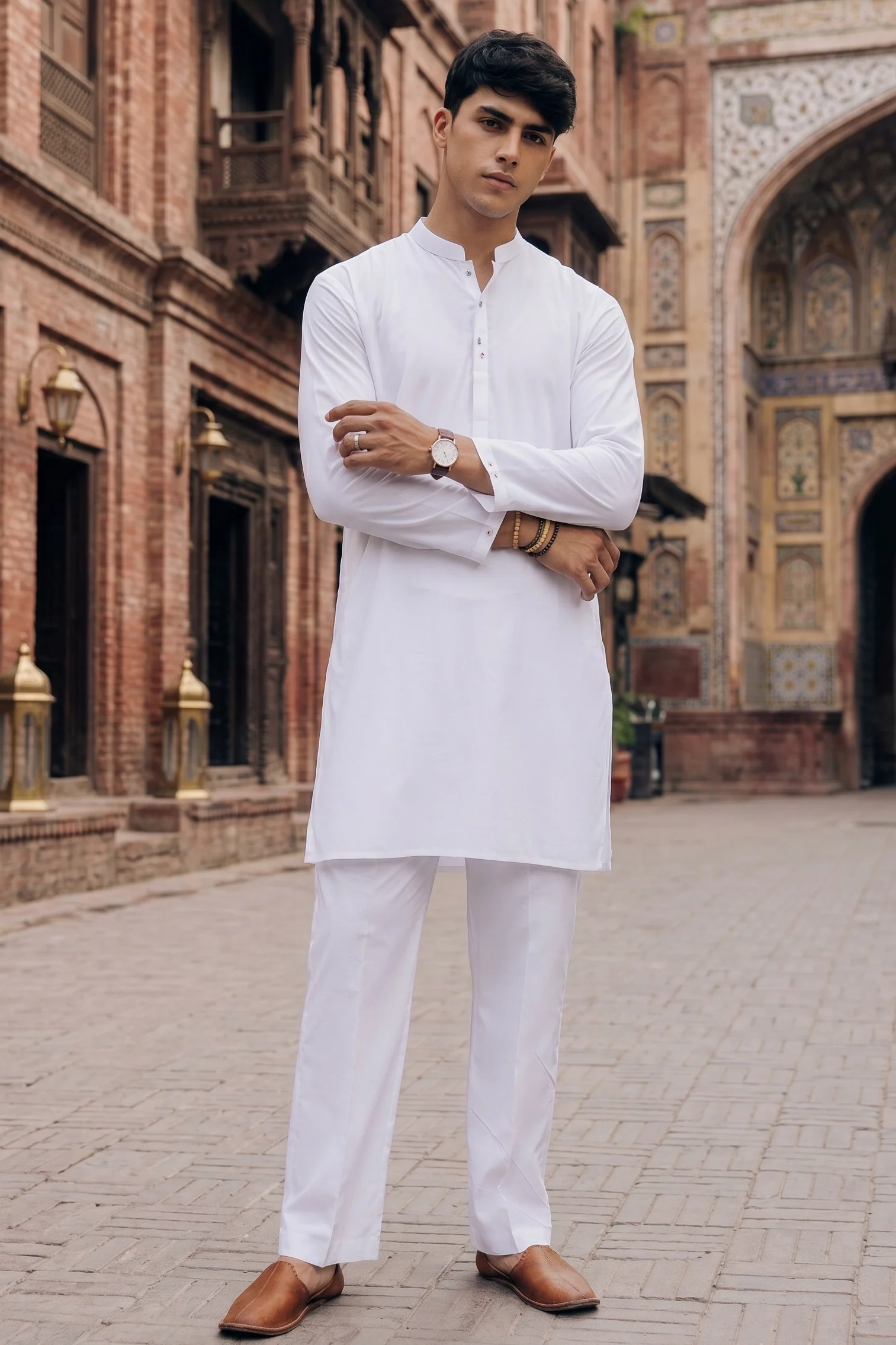 Stitched Kurta trouser with gumpatti ban Egg-white - Image 2