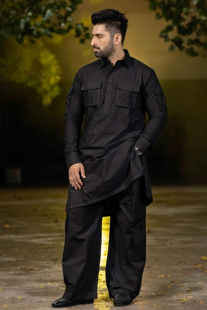 Stitched Nawabi Cargo Cotton Latha Suit - Black