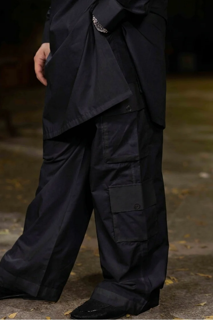 Stitched Nawabi Cargo Cotton Latha Suit - Black - Image 2