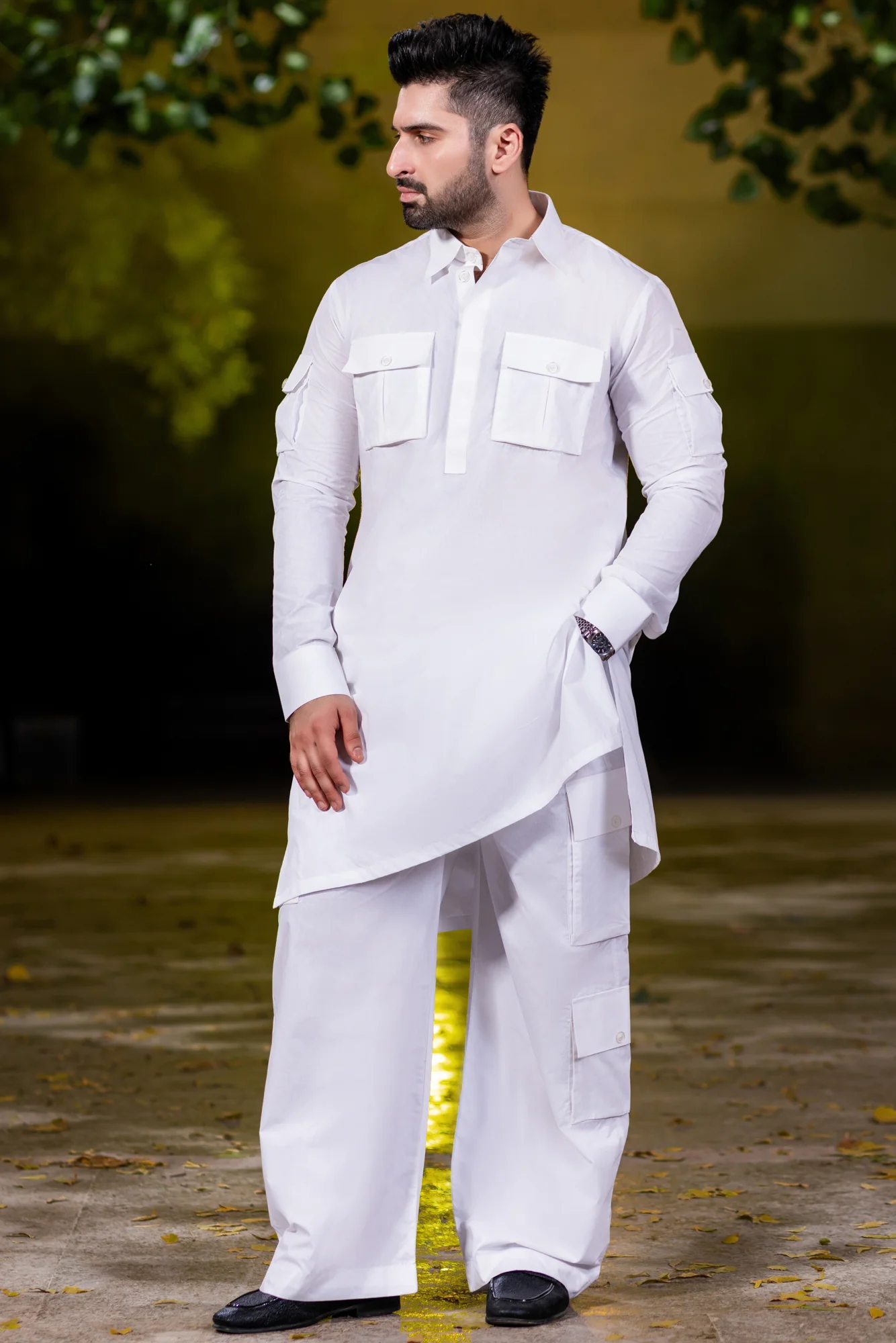 Stitched Nawabi Cargo Cotton Latha Suit - Egg White