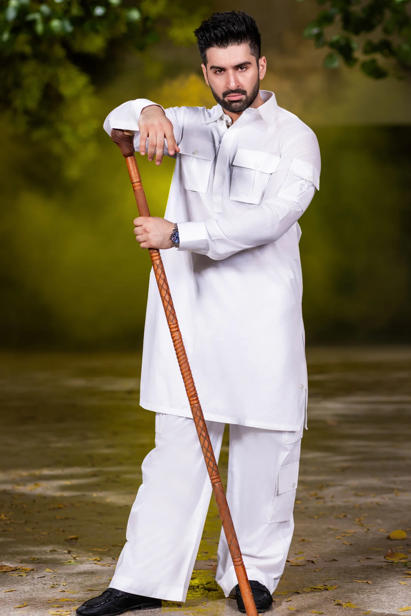 Stitched Nawabi Cargo Cotton Latha Suit - Egg White - Image 2