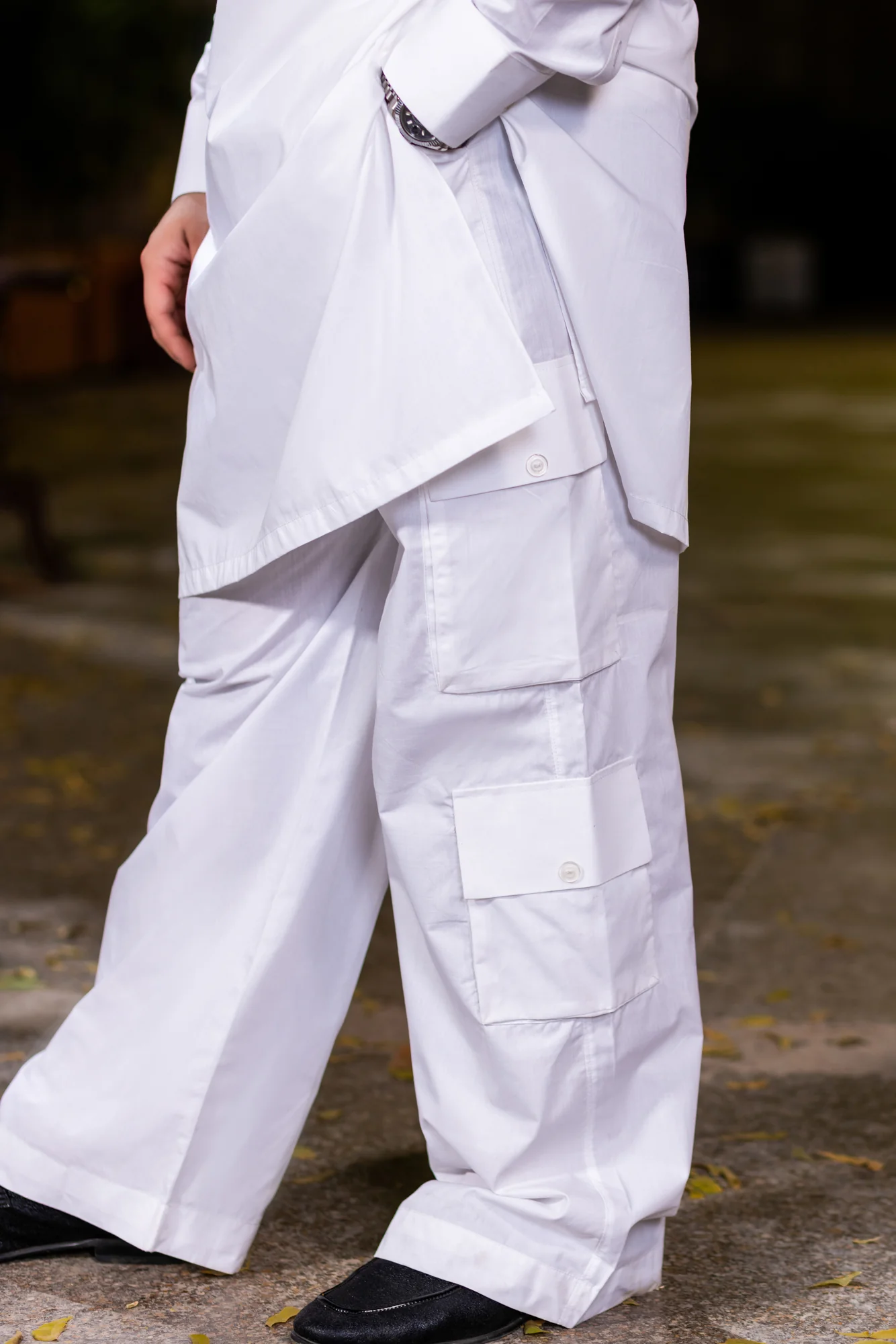Stitched Nawabi Cargo Cotton Latha Suit - Egg White - Image 3