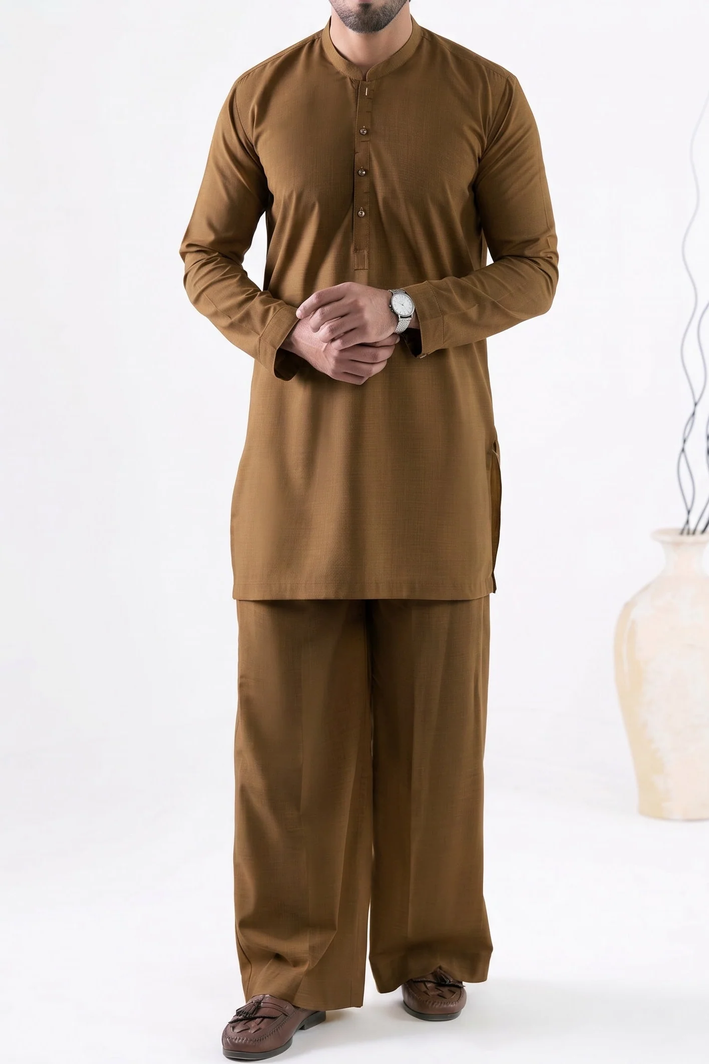 Stitched Nawabi Kameez with Farshi Shalwar -Camel