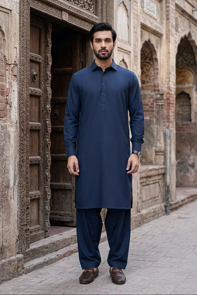 Stitched Shalwar Kameez with French Collar -Navy - Image 2