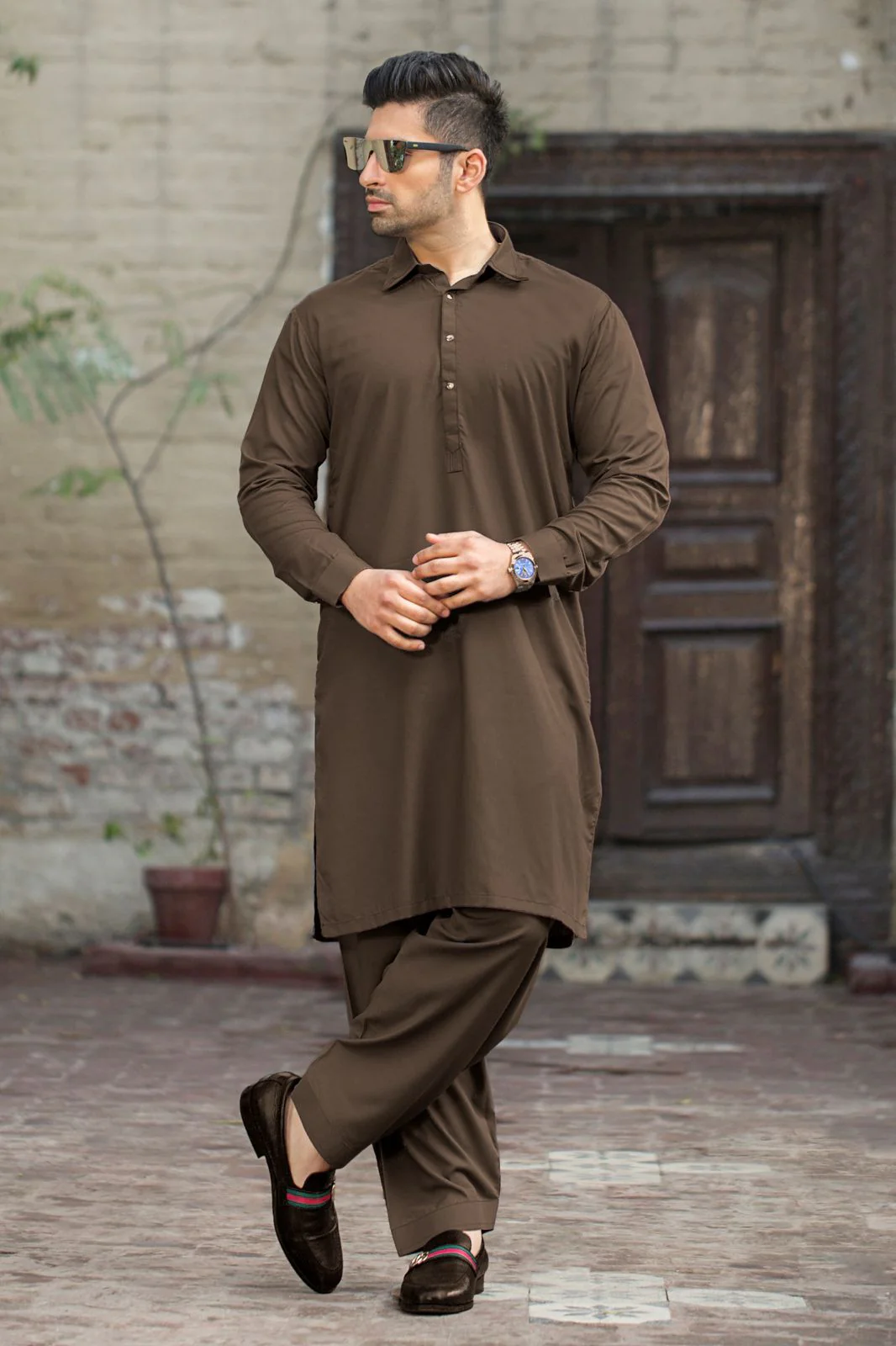 Stitched Shalwar Kameez with Collar - Chocolate Brown