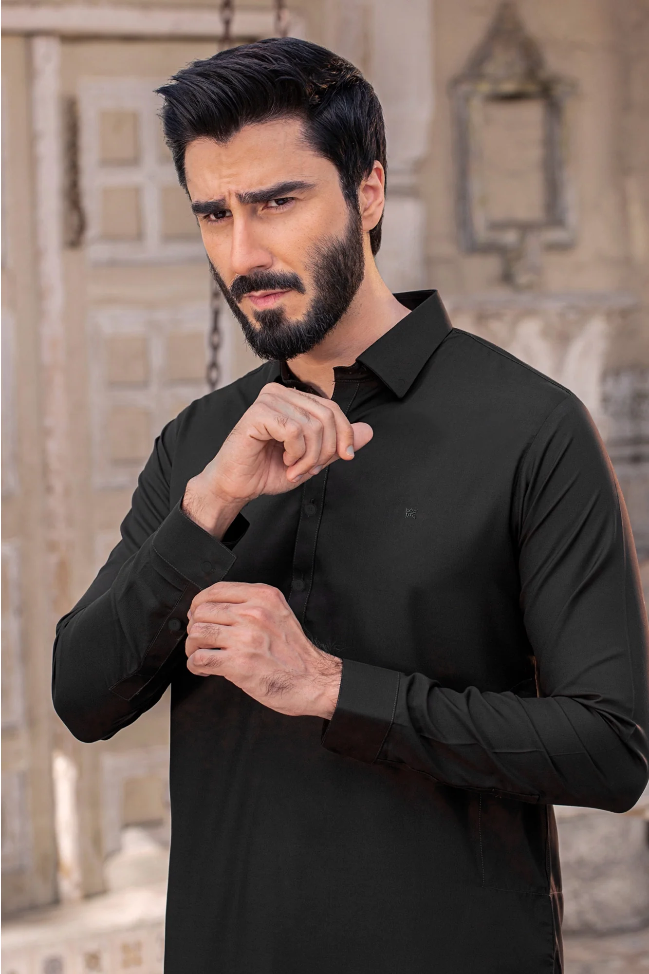 Button Collar with matching embroidery Stitched Shalwar with Kameez - Black