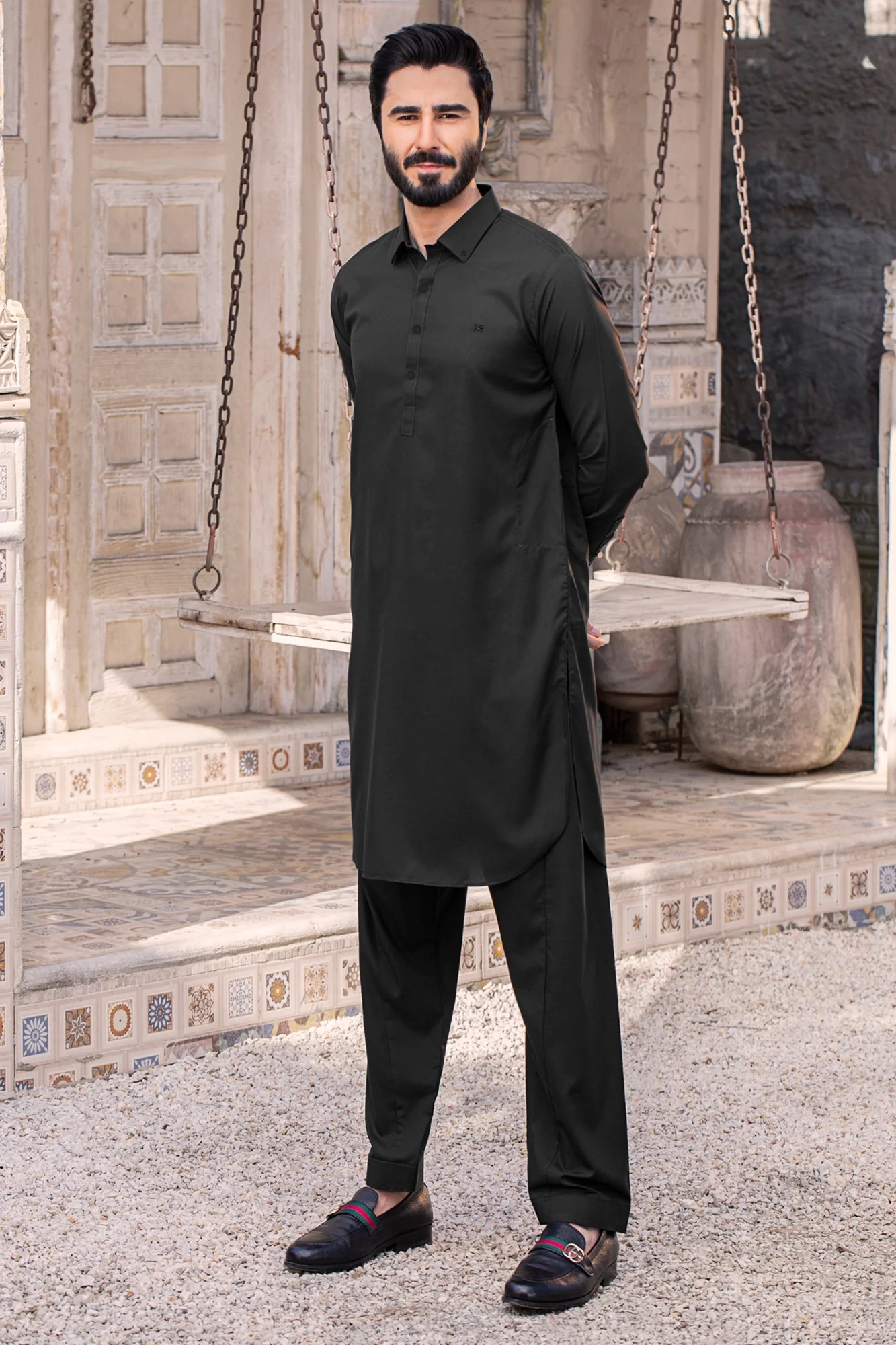 Button Collar with matching embroidery Stitched Shalwar with Kameez - Black - Image 2