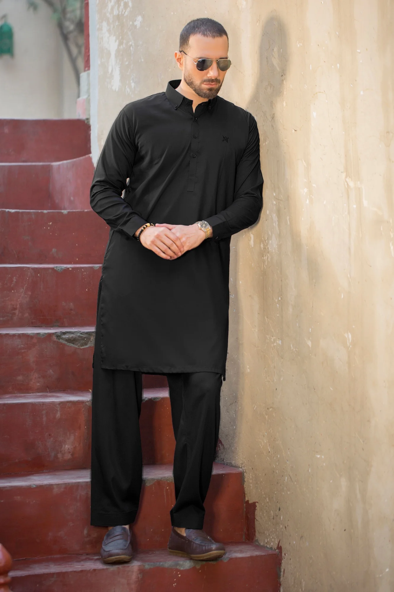 Button Collar with matching embroidery Stitched Shalwar with Kameez - Black - Image 3
