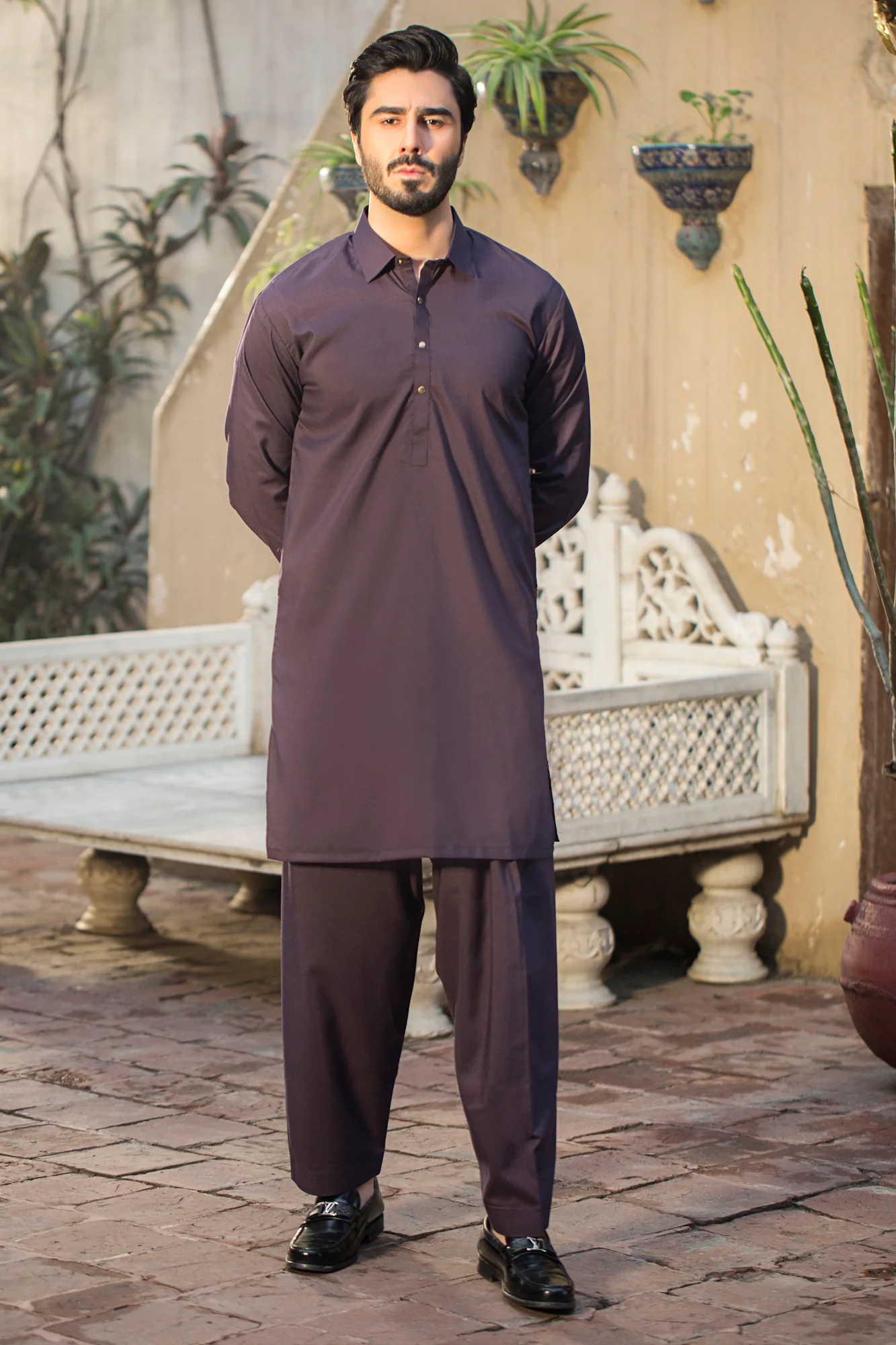 Stitched Shalwar with Kameez with Collar- Dark Margenta - Image 2