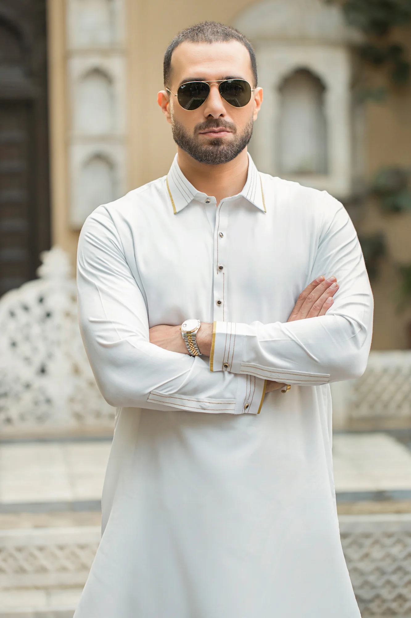Stitched Shalwar with Kameez with Collar- Egg White - Image 2