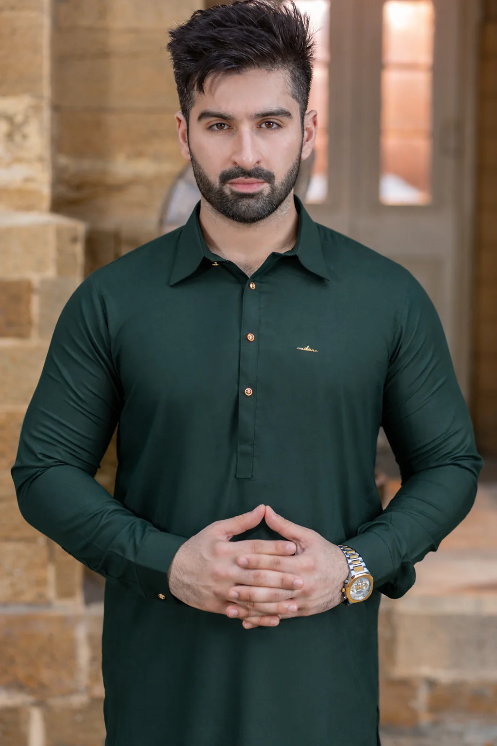 Stitched Shalwar Kameez with French Collar & Gol Gehra - Teal Green - Image 2