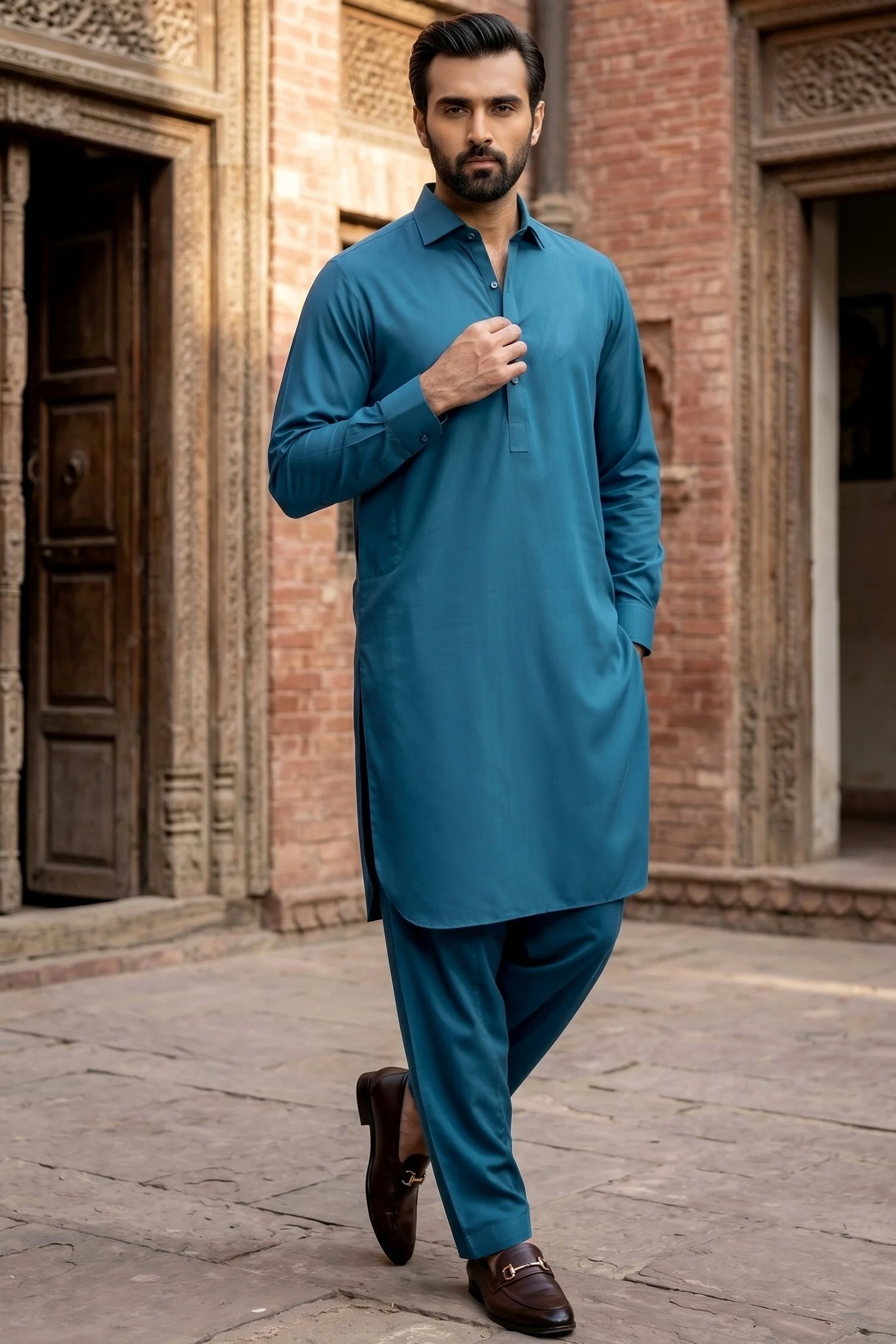 Stitched Suit with wide side French Collar Shalwar Kameez - Cyan green - Image 2