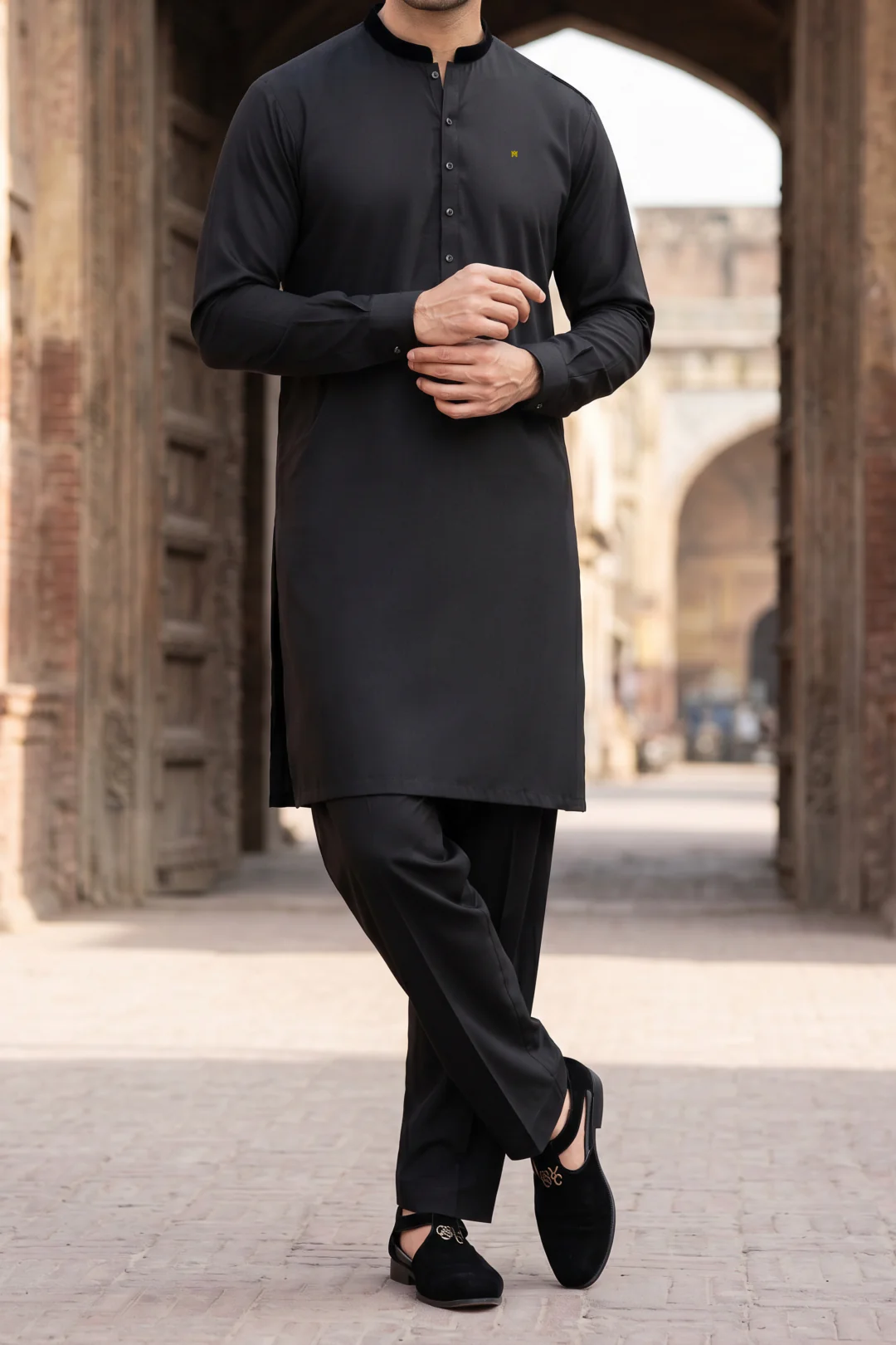 Stitched Velour Ban Kurta Trouser-Black - Image 2