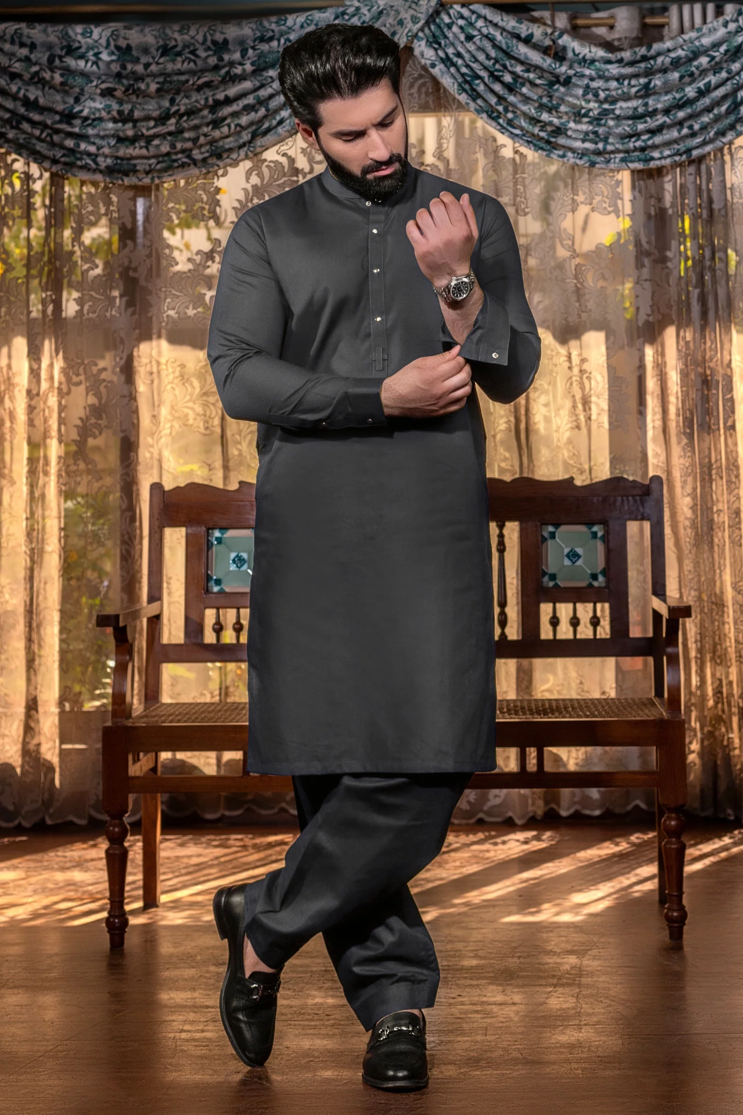Sultan Stitched Suit with Trouser - Charcoal