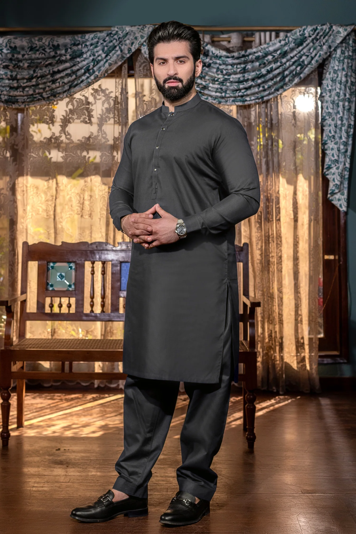 Sultan Stitched Suit with Trouser - Charcoal - Image 2