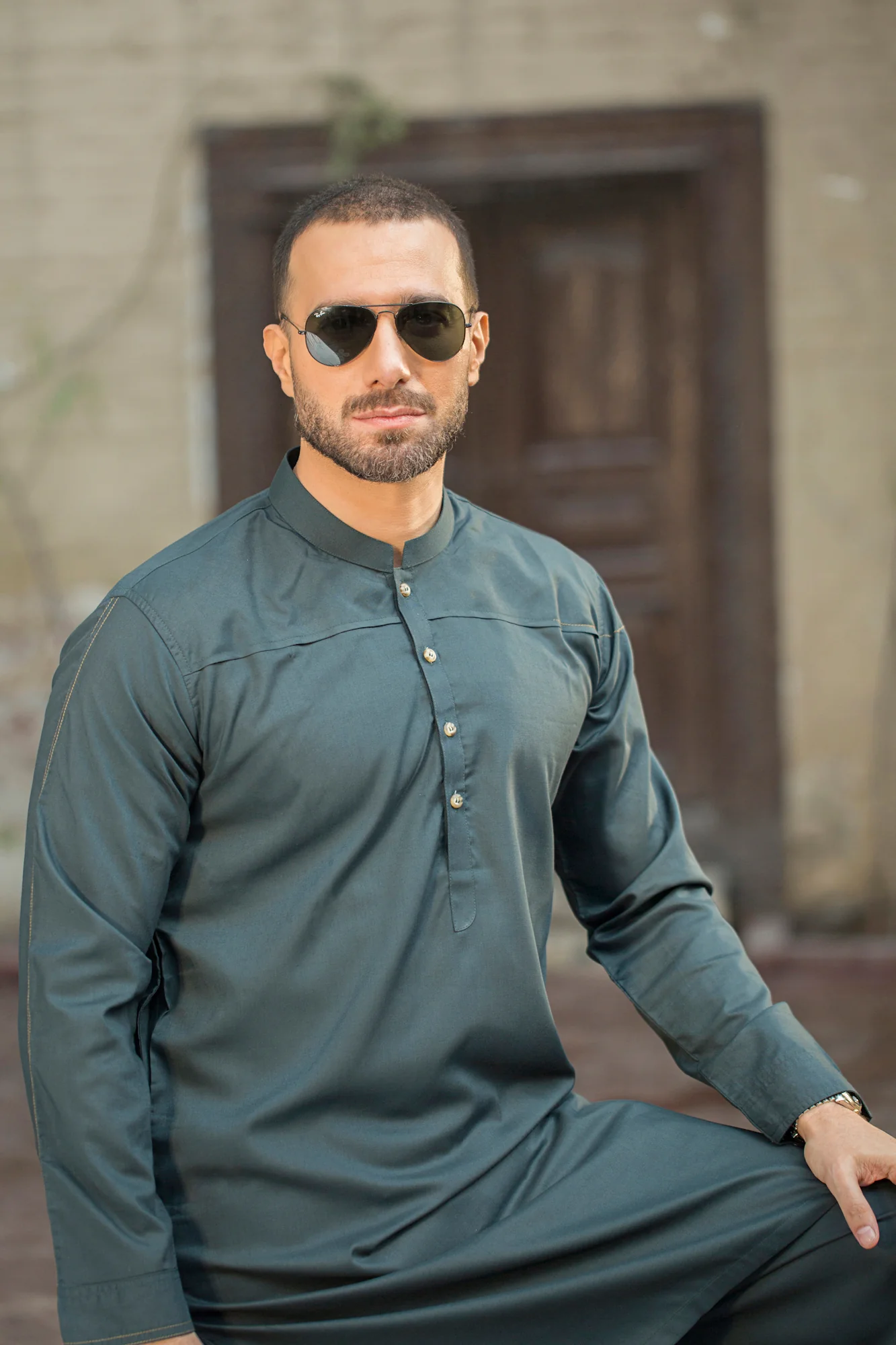 Teal-Green with brz button and flat stitch front and yellow stitch on sleeve - Image 2