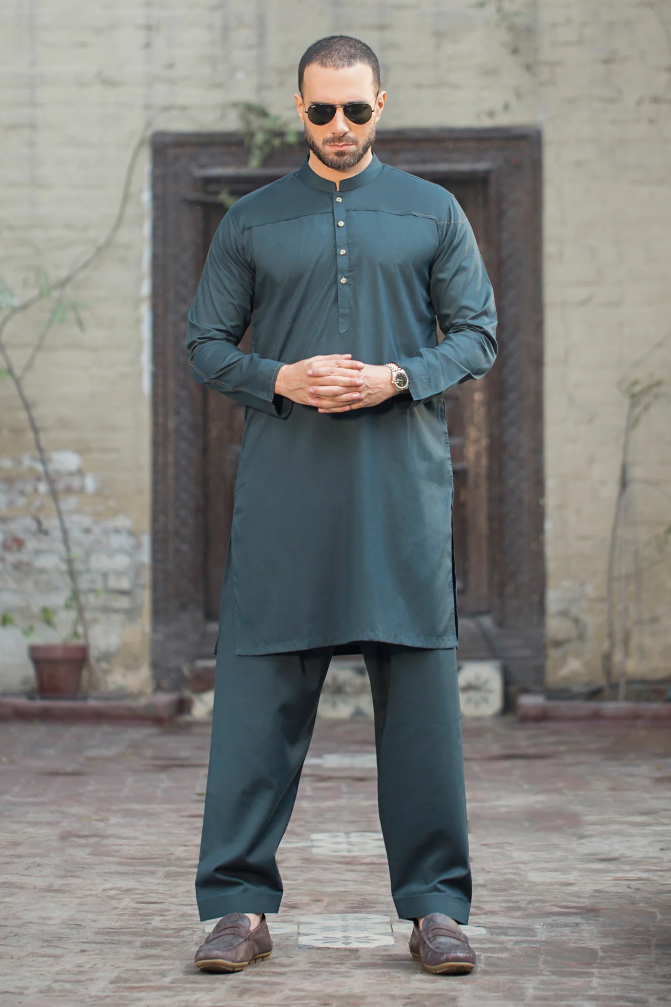 Teal-Green with brz button and flat stitch front and yellow stitch on sleeve - Image 3