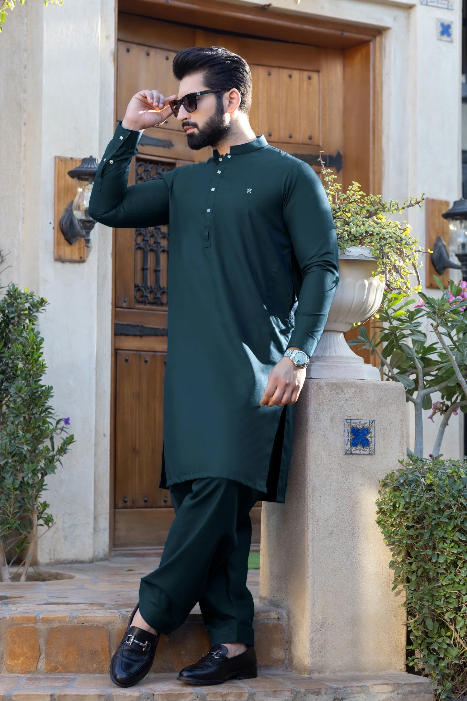 Nawabi Square Button Stitched Suit - Teal