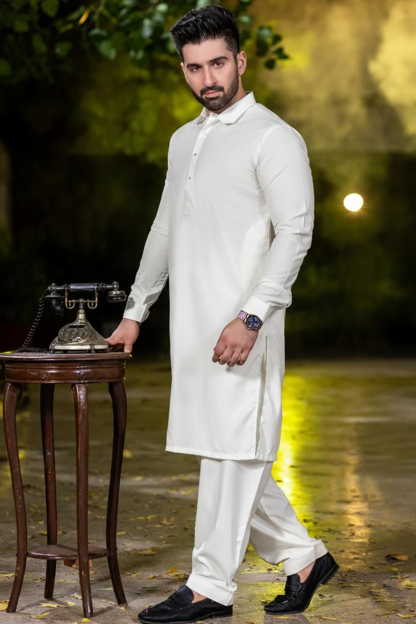 Stitched Diamond Collar Shalwar Kameez Suit - Egg white - Image 2
