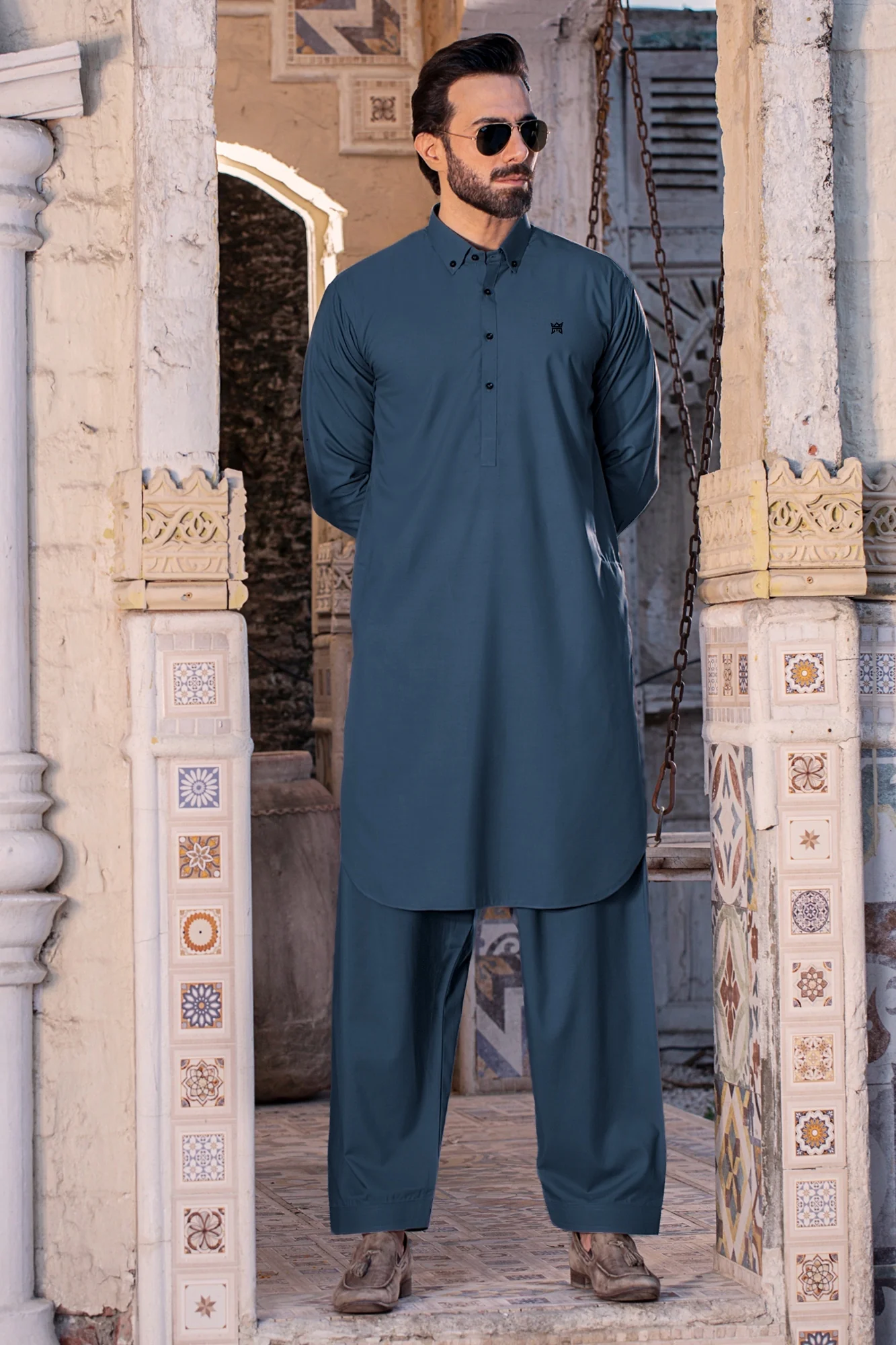 Button Down Stitched Suit with Shalwar - Zinc - Image 2